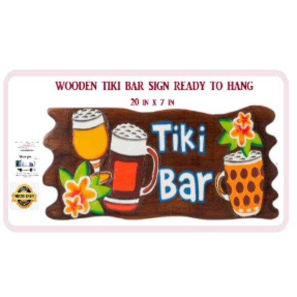 Tiki Bar Brown Wood Sign Painted Carved Tropical Drinks 19"🆕📦🏃🏻💨🚚 - Picture 1 of 13
